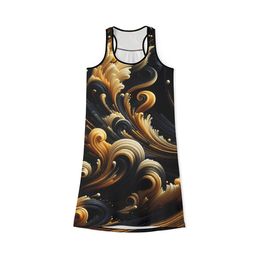 Elegant Swirl Women's Racerback Dress - Chic Black and Gold Design
