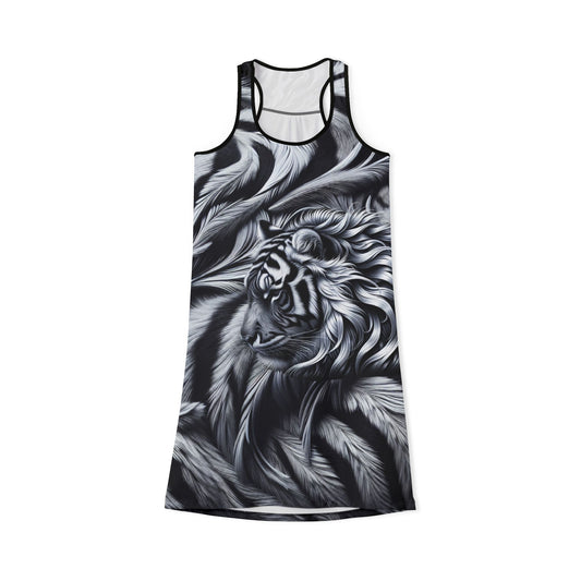 Elegant Women's Racerback Dress with Tiger and Feather Design