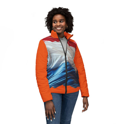 Puffer Jacket — Tricolor Satin Wave Print (Red White Blue)