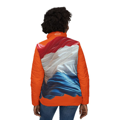 Puffer Jacket — Tricolor Satin Wave Print (Red White Blue)