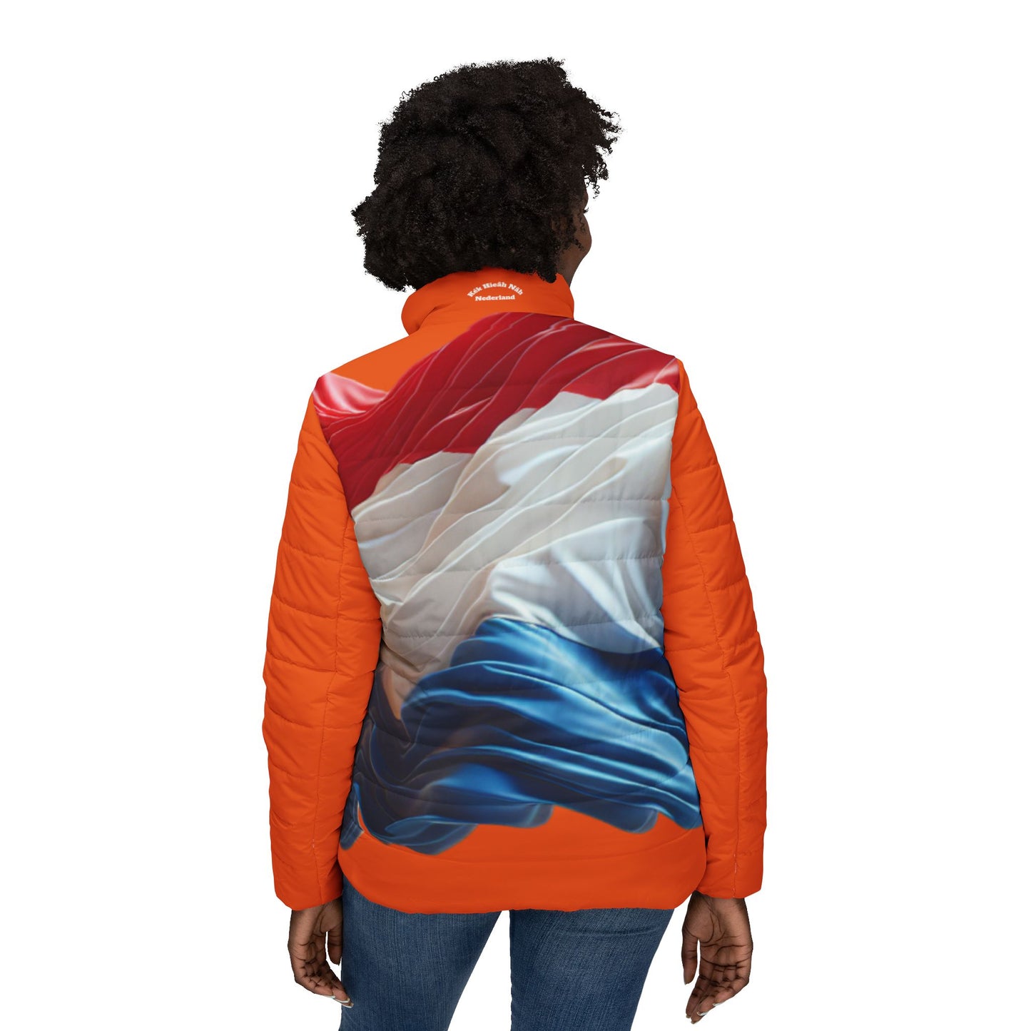 Puffer Jacket — Tricolor Satin Wave Print (Red White Blue)