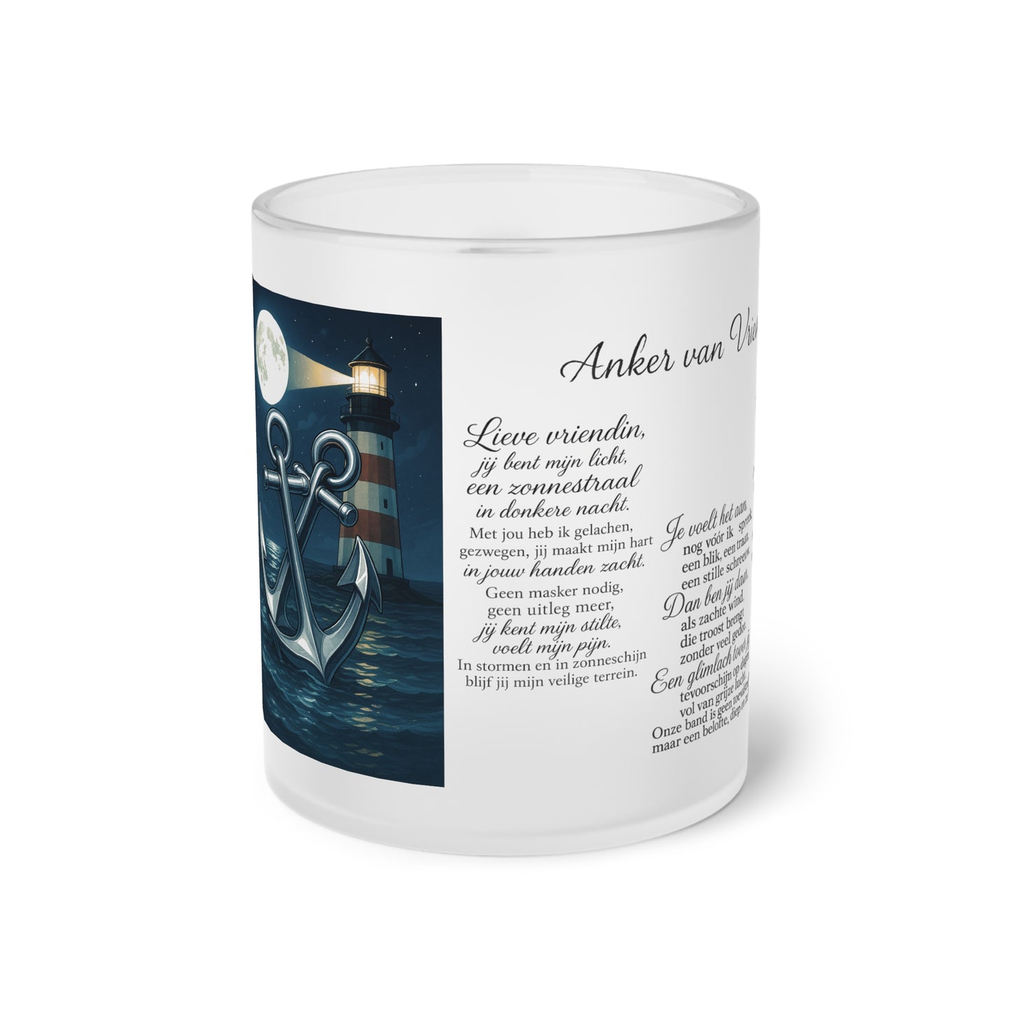 Nautical Anchor & Lighthouse Frosted Glass Mug — Romantic Poem Design