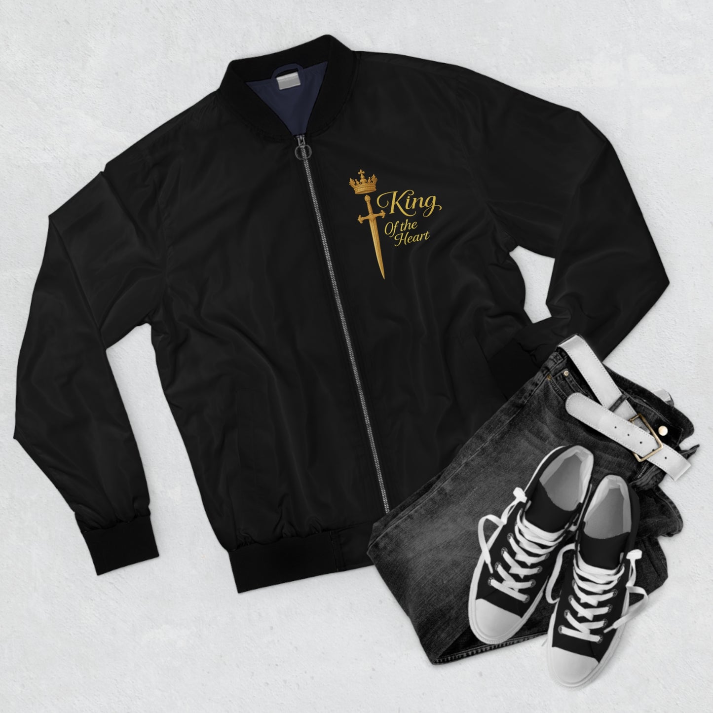King Sword Bomber Jacket — Men's Black Royal Crown Zip Jacket