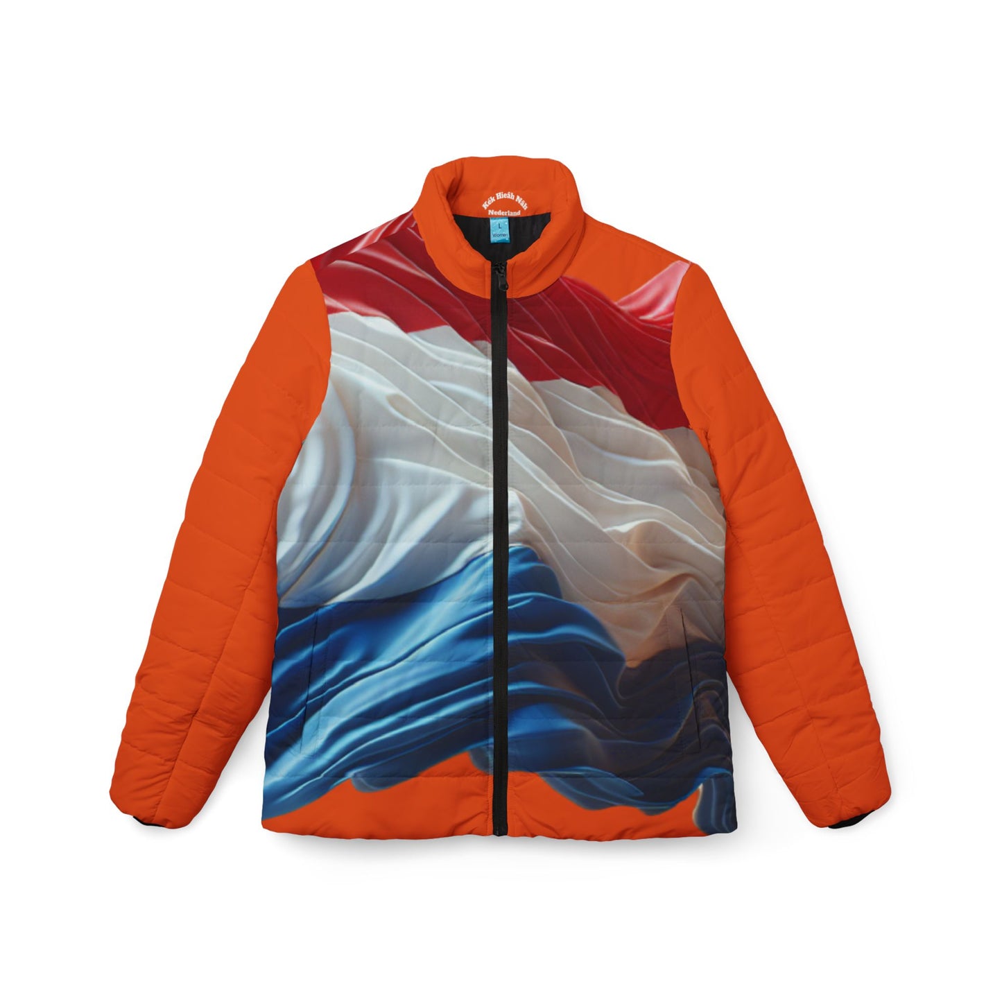 Puffer Jacket — Tricolor Satin Wave Print (Red White Blue)