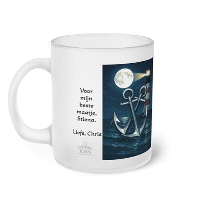 Nautical Anchor & Lighthouse Frosted Glass Mug — Romantic Poem Design