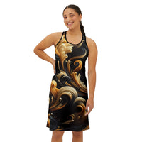 Elegant Swirl Women's Racerback Dress - Chic Black and Gold Design